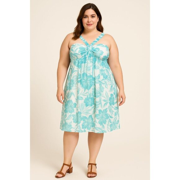 Specklers Womens Tropical Floral Sundress White Teal Cross-Strap Size Large Summ - Picture 8 of 8